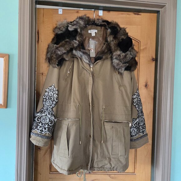 NWT Chicos Sz 3 (XL) Embroidered Embellished Parka Jacket w/Faux Fur Hood & Trim - Picture 1 of 16